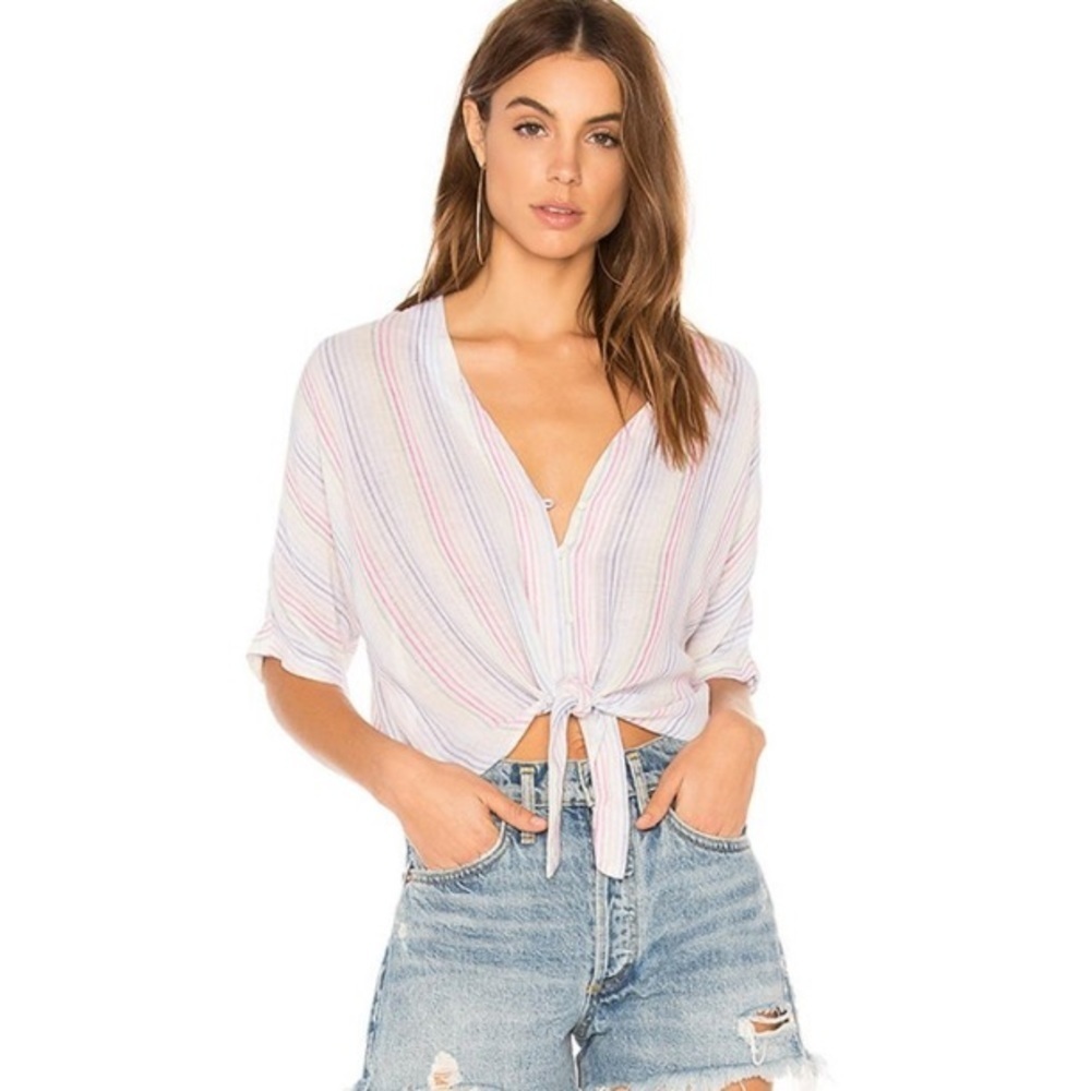 Rails linen blend stripe tie front top
